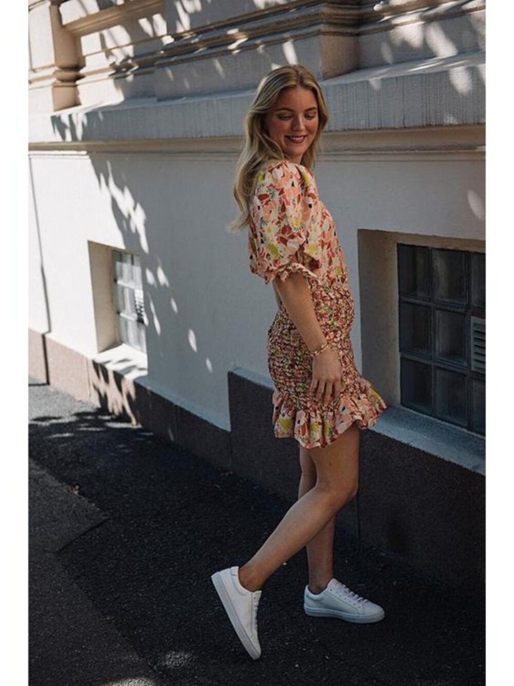 🆕 By TiMo Shirred Smocked Ruffle Crepe Satin Mini Dress Floral Medium - Picture 6 of 16
